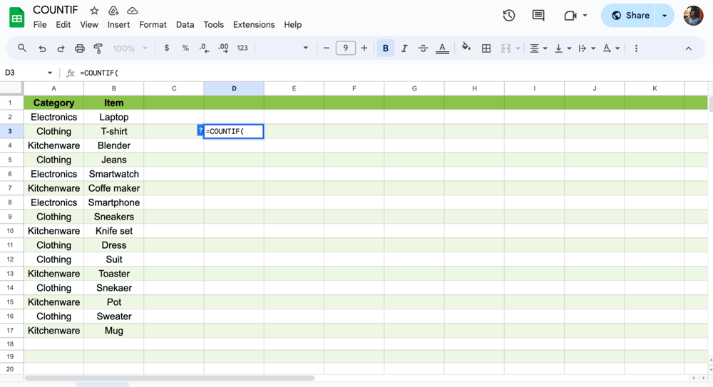 Formülü yazmaya başlayın