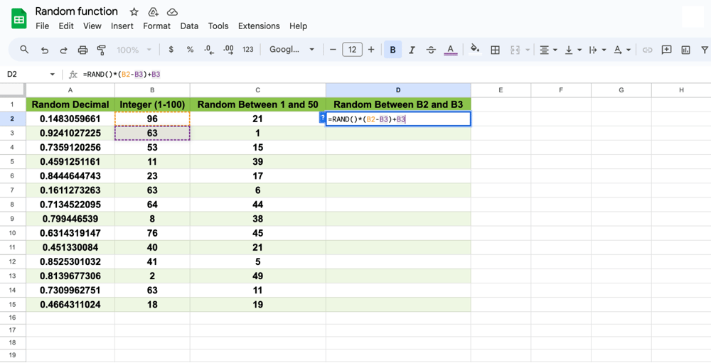 The RAND between numbers formula