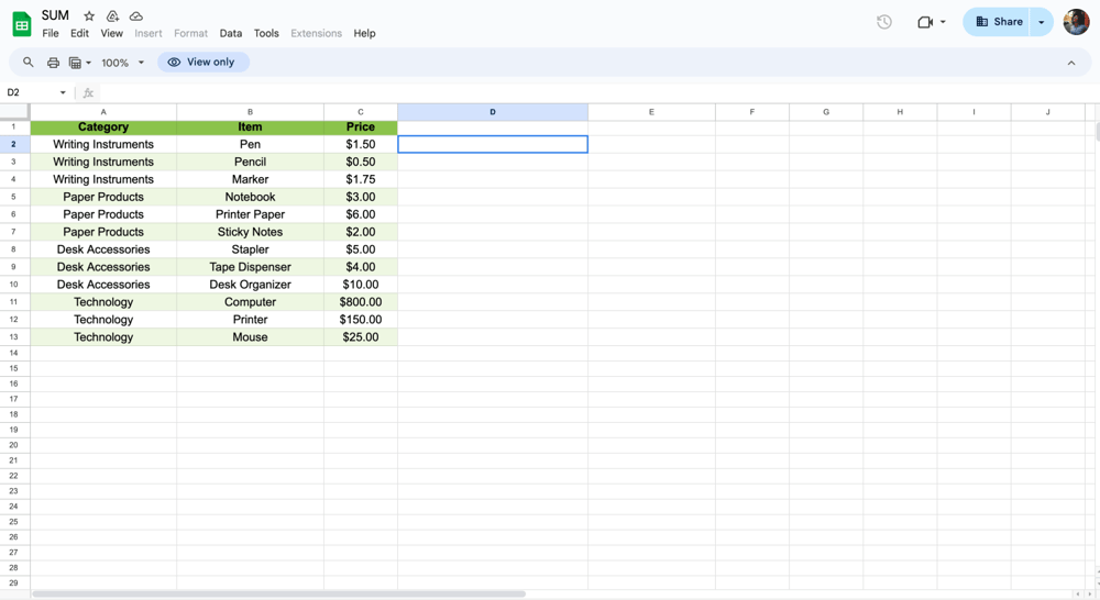 Haz clic en una celda vacía