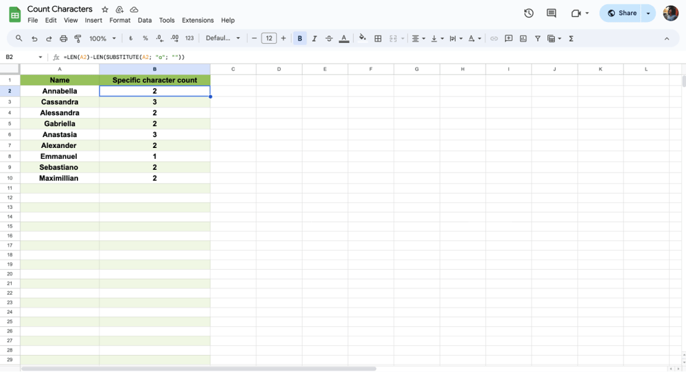 Spezifische Zeichenzählung in Google Sheets