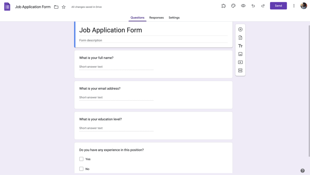 Add your job application form questions to Google Forms