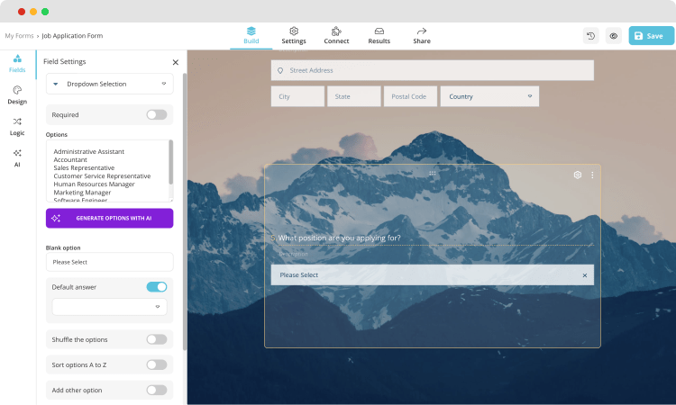Adding questions and fields to your job application form
