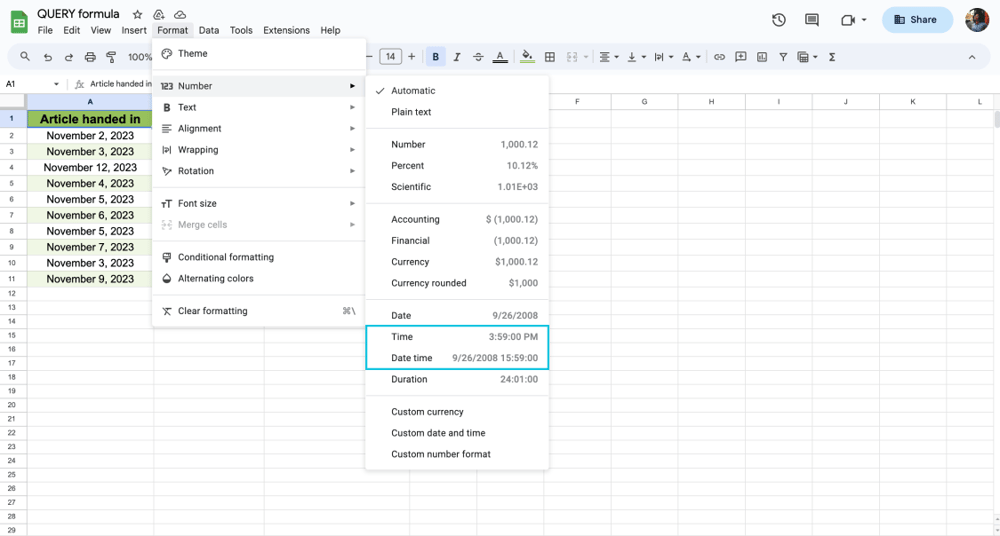 Number options for date, time, date time, and duration in Google Sheets
