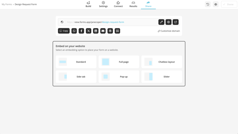 Embedding options on forms.app