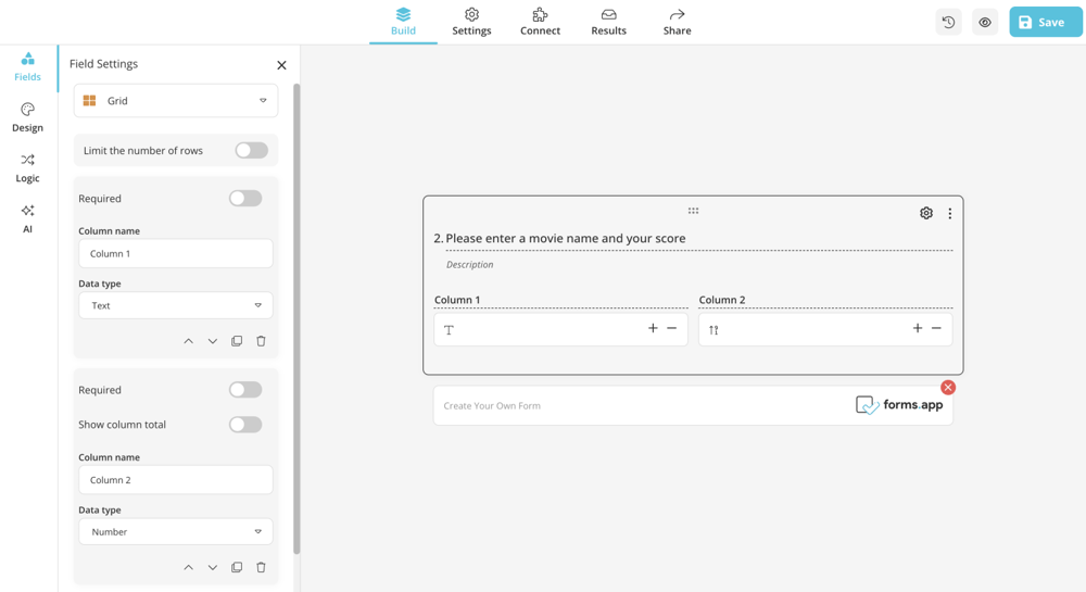 Grid field on forms.app