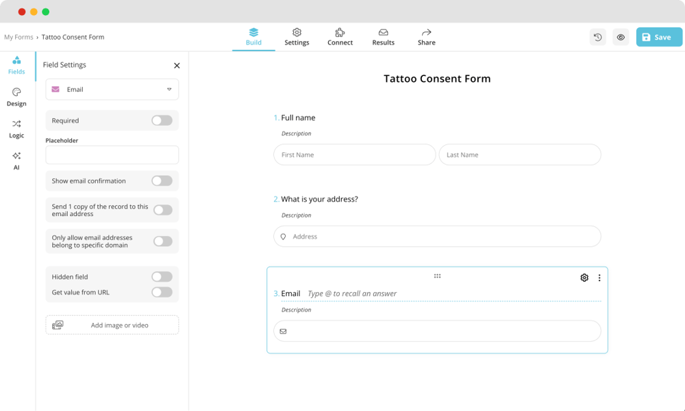 Adding questions and fields to your tattoo consent form