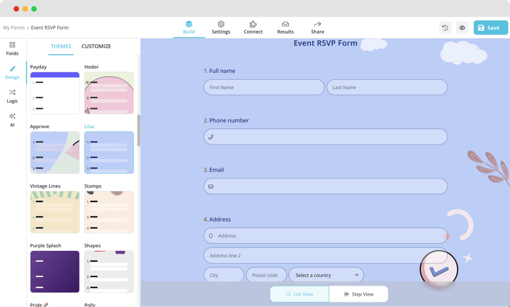 Choosing a ready-made theme for your form