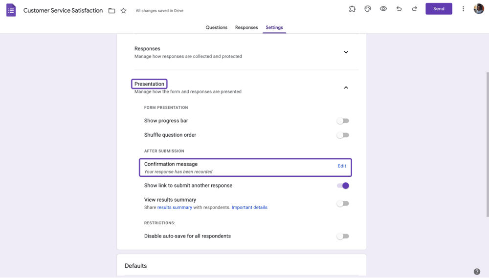 Open “Confirmation message”