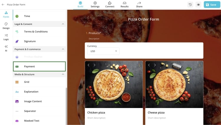 Add a payment field and add PayPal as a payment option