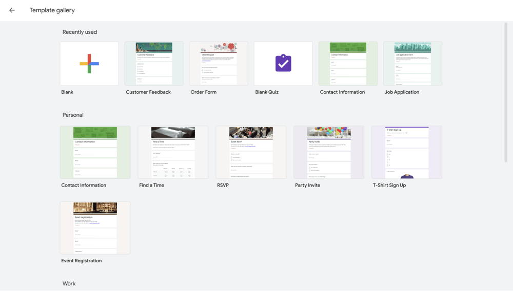 Choose a form template on Google Forms