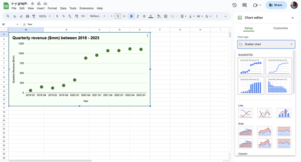 Edit your x-y chart under the Setup and Customize tabs