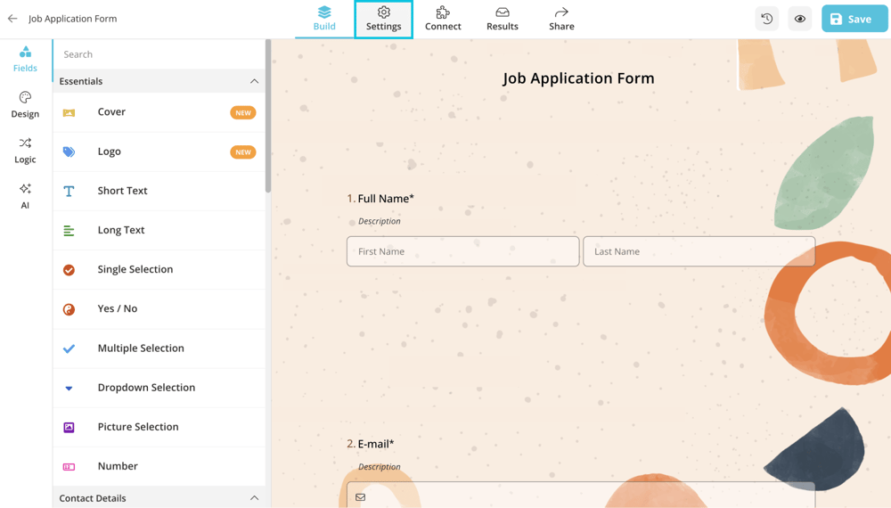 Create your form and go to settings