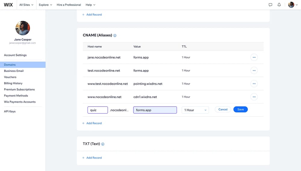 An image showing how to add a value to a CNAME on Wix