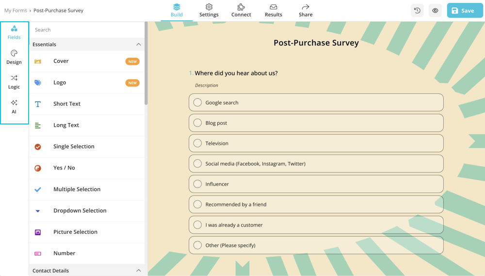 Add questions to your survey and change how it looks