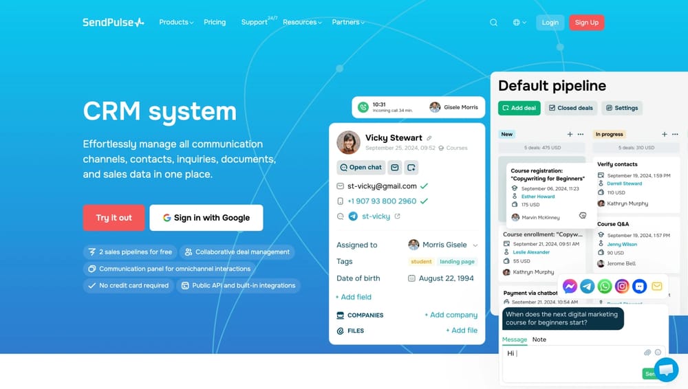The homepage of SendPulse CRM