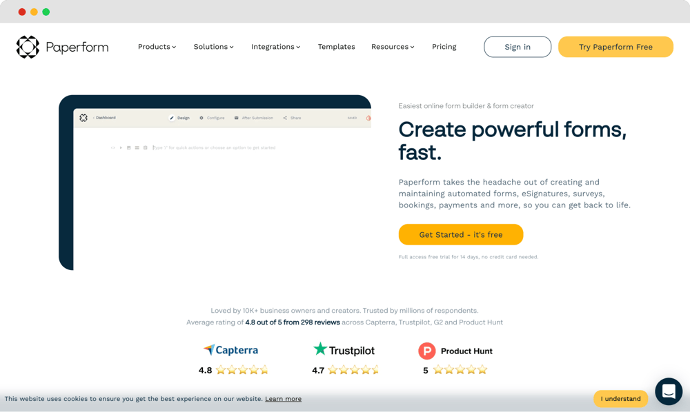 La page d'accueil de Paperform