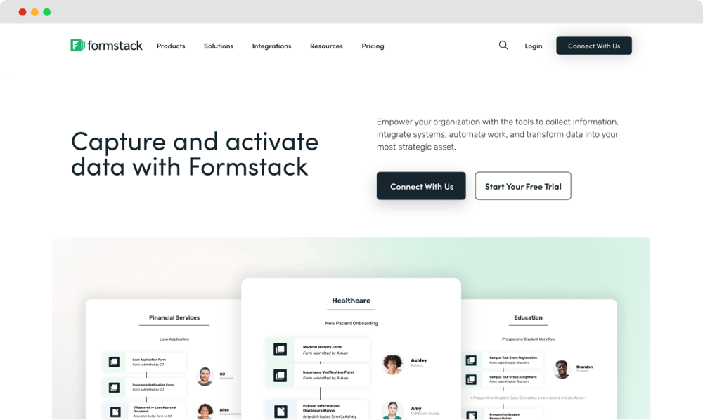 La page d'accueil de Formstack