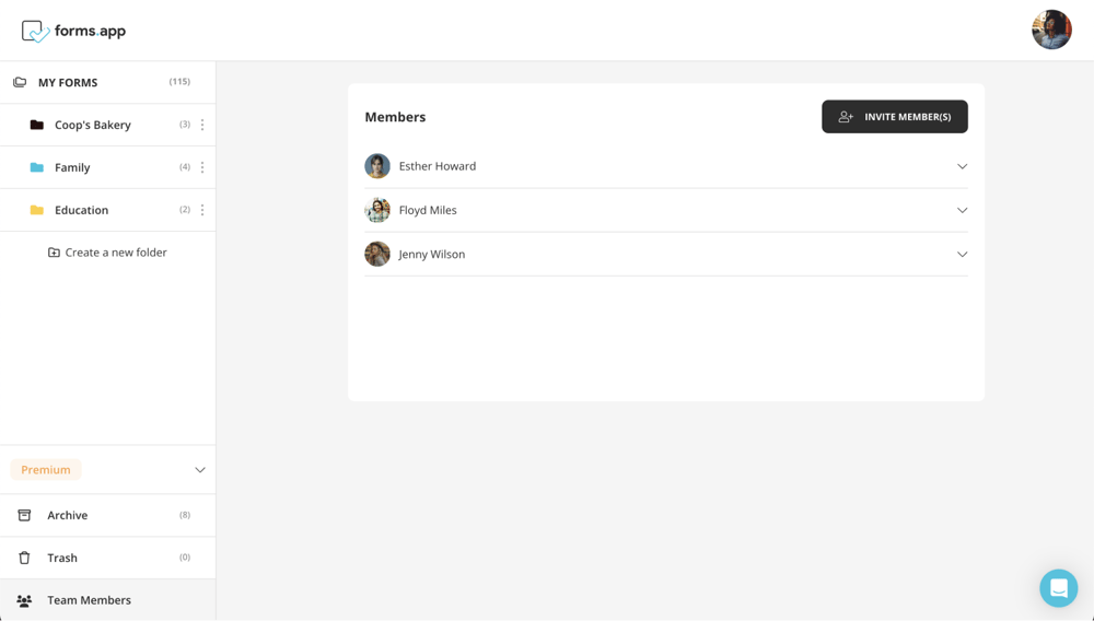 Click on “Team Members” on forms.app’s dashboard
