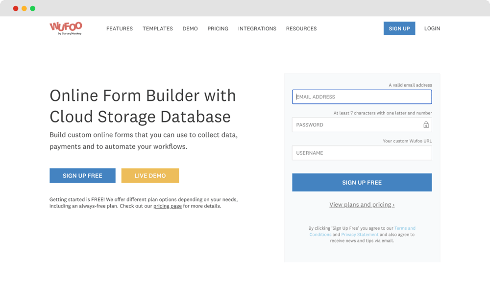 The homepage of Wufoo