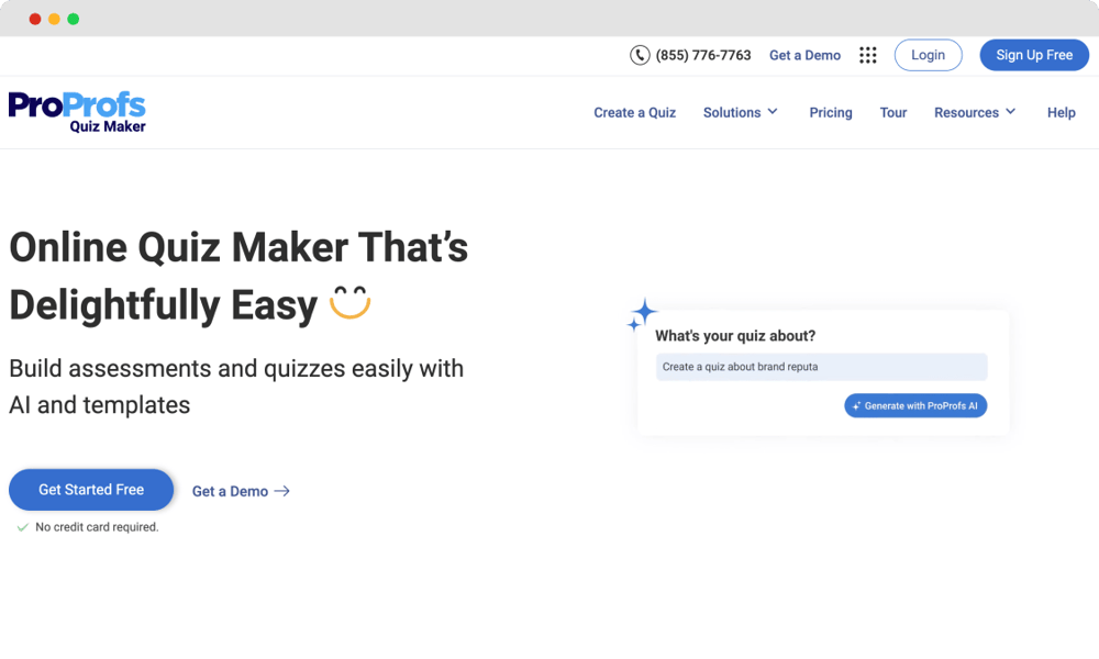 The homepage of ProProfs Quiz Maker
