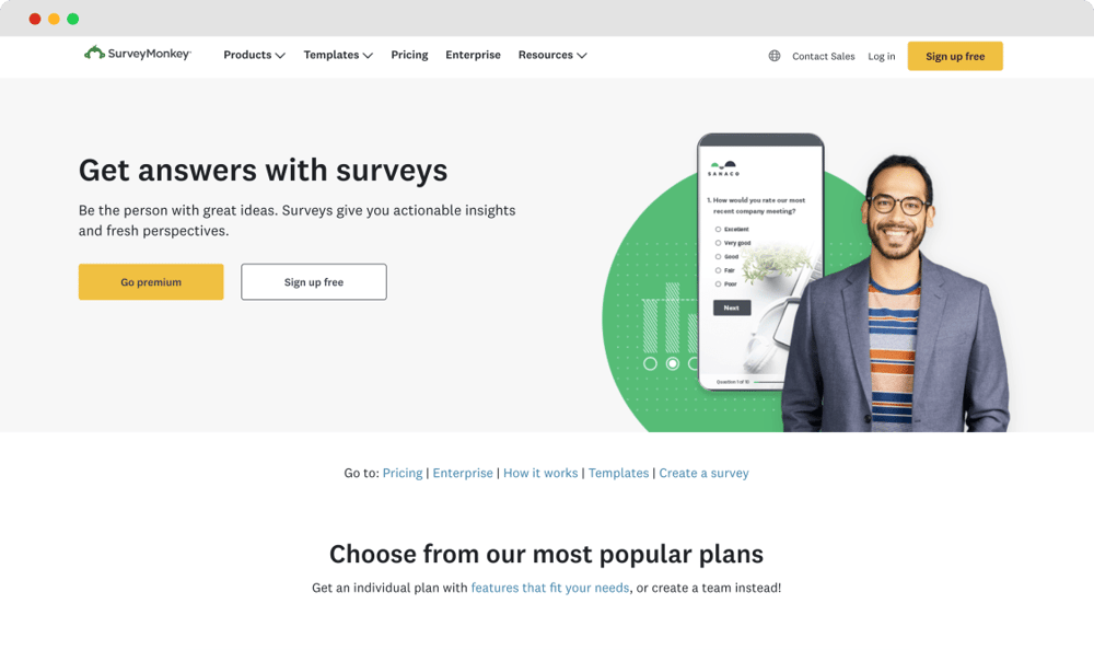 The homepage of SurveyMonkey
