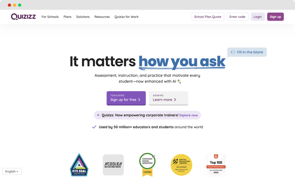 The homepage of Quizizz