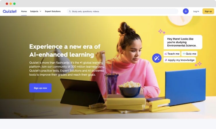 The homepage of Quizlet