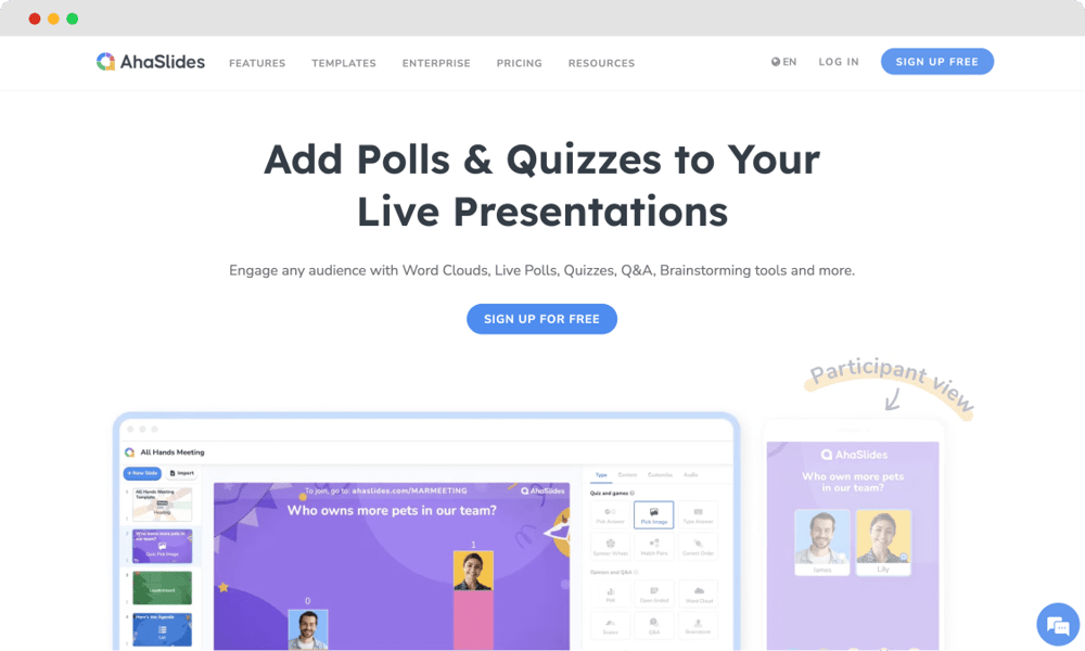 The homepage of AhaSlides