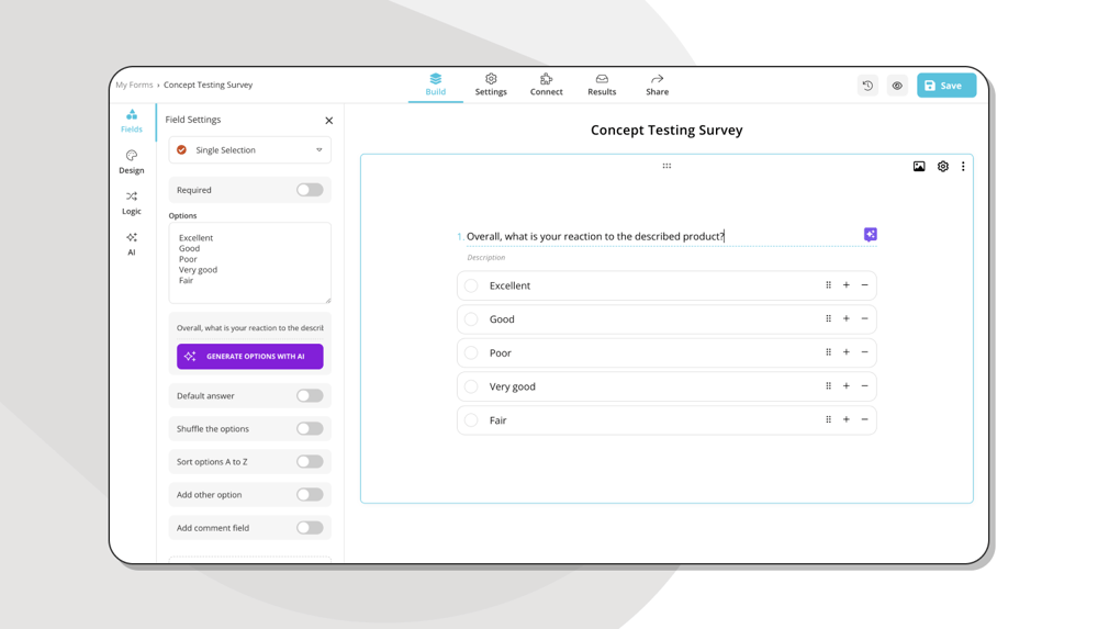 Add questions to your concept testing survey
