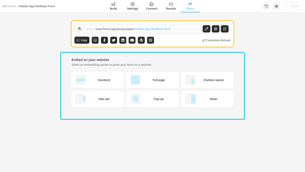 Choose a sharing method to show your survey on your app