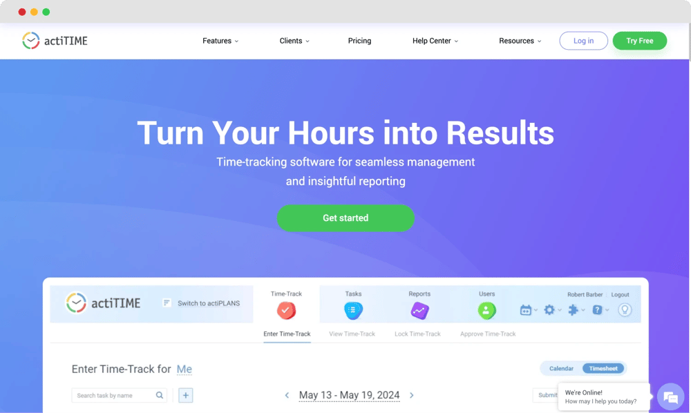 ActiTIME'nin ana sayfası