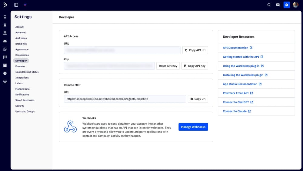An image showing the “Settings” section of the “ActiveCampaign” dashboard, where you need to access before setting up the integration