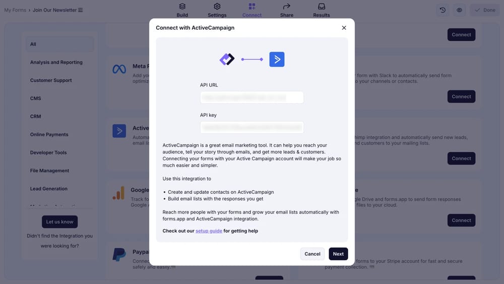 An image showing the area from the “Connect” section where you need to enter the API URL and key on your “ActiveCampaign” account