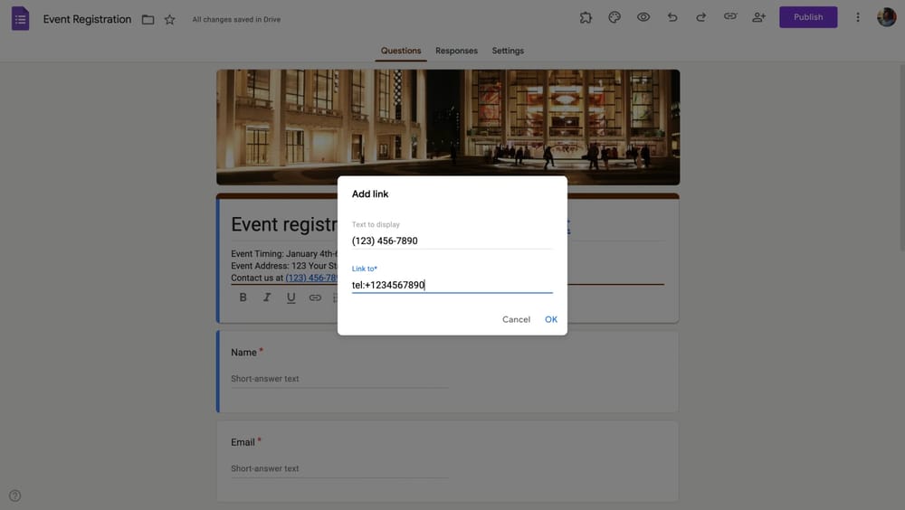 Making a phone number text clickable on Google Forms