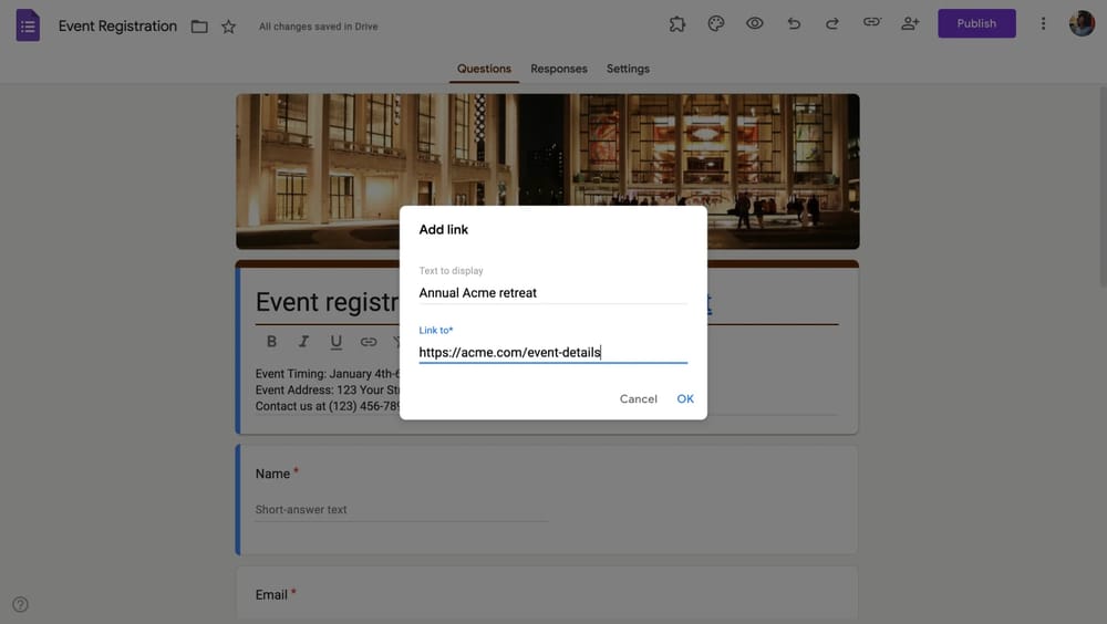 Adding a link to text on Google Forms