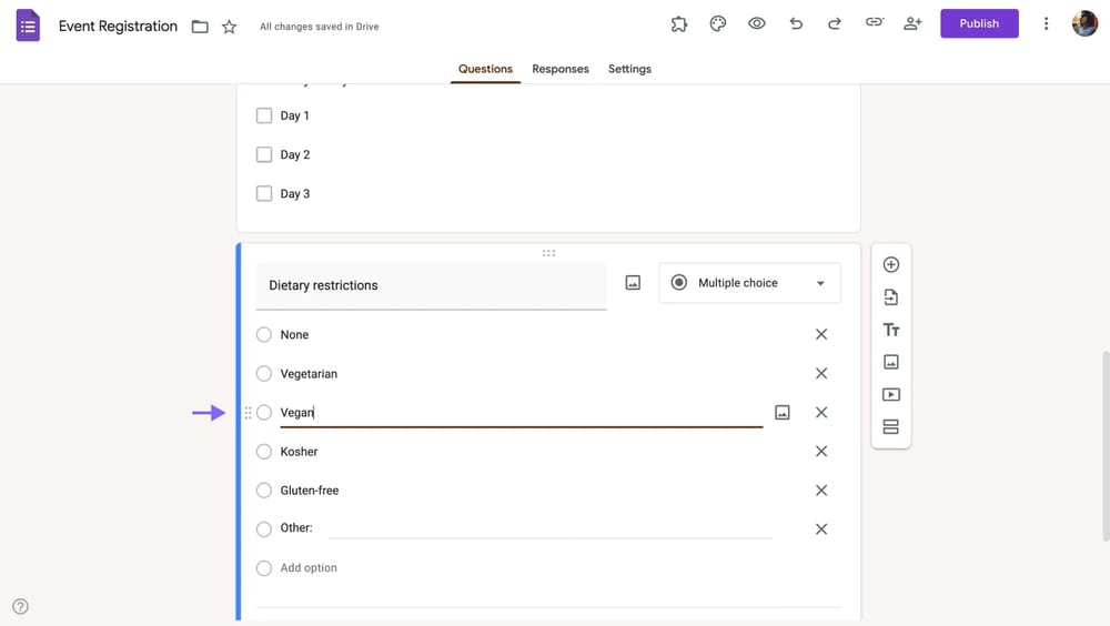 Selecting a field on Google Forms