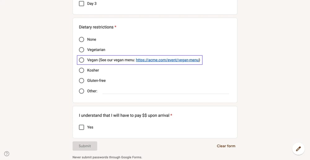 Clickable answer option on Google Forms
