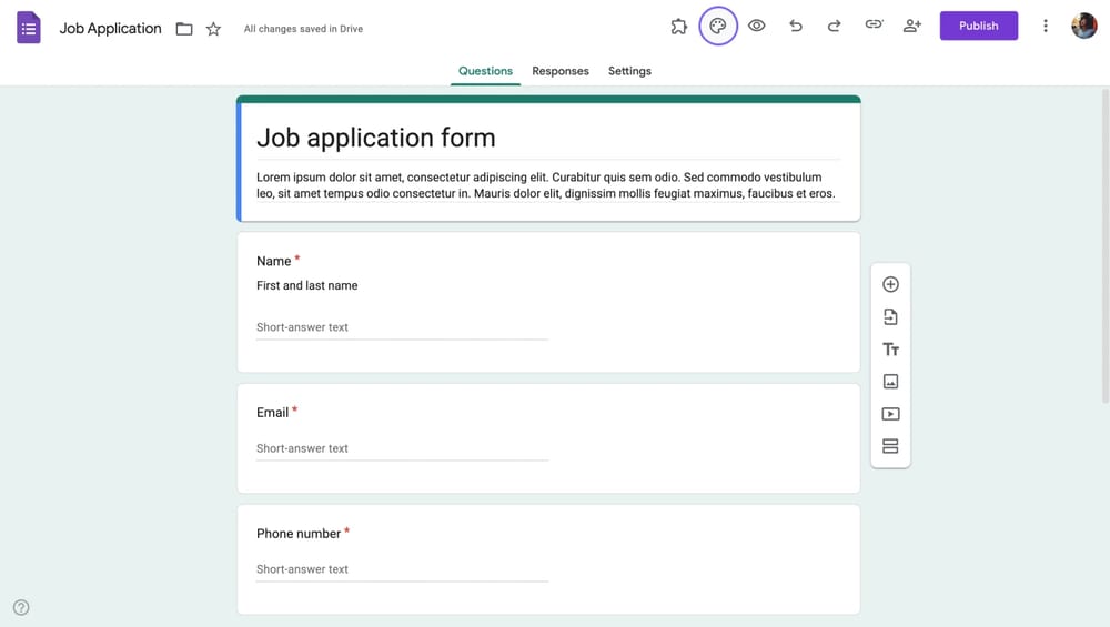 A localização do ícone de paleta no Google Forms