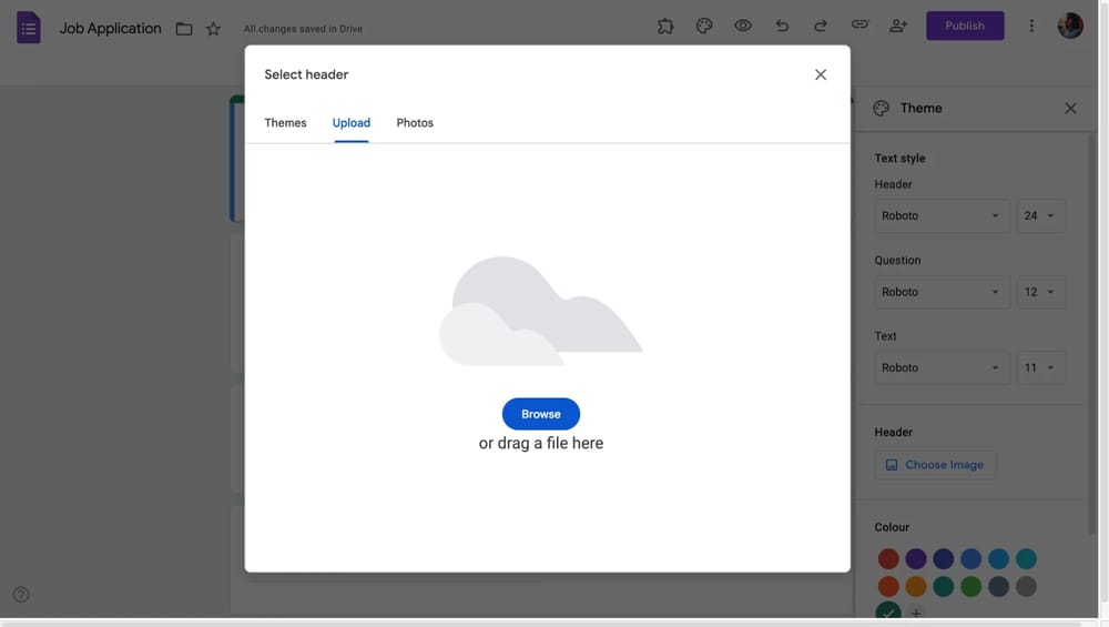 A janela de envio de imagem no Google Forms