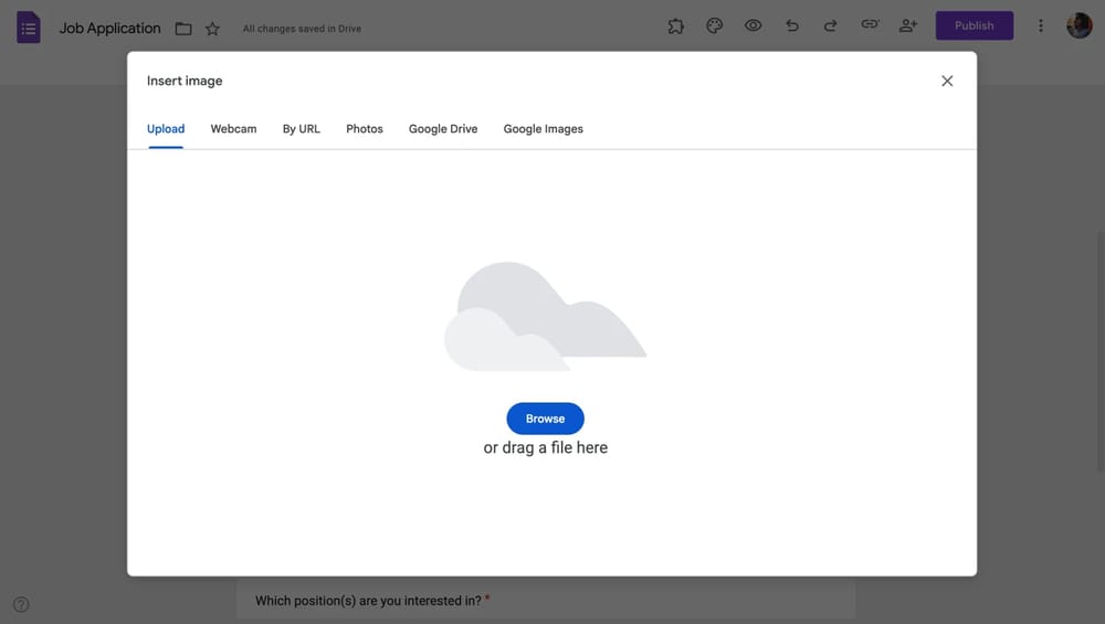 A janela pop-up de upload de imagem no Google Forms