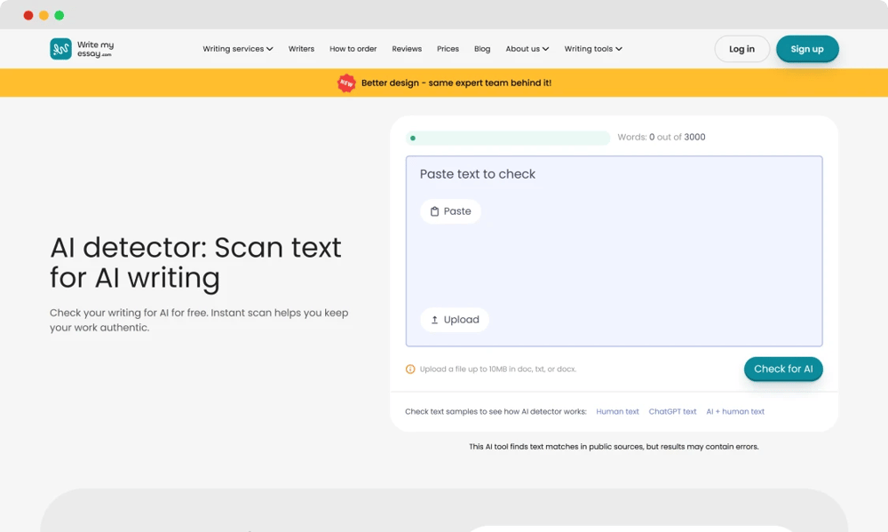 The homepage of WriteMyEssay AI Detector