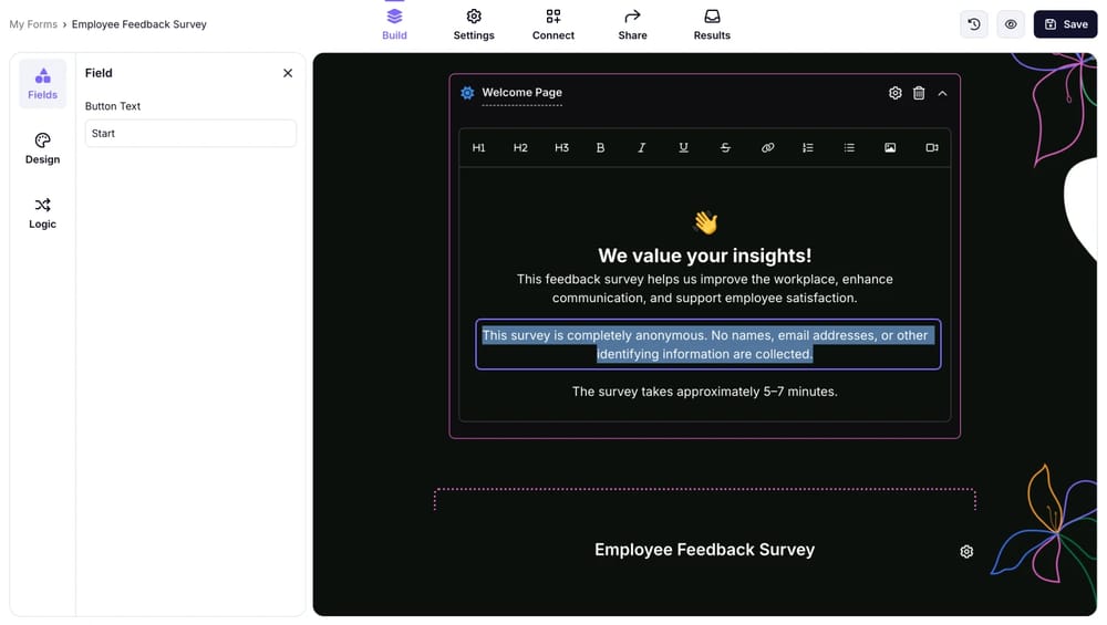 Agrega una breve declaración de privacidad a la página de bienvenida del formulario