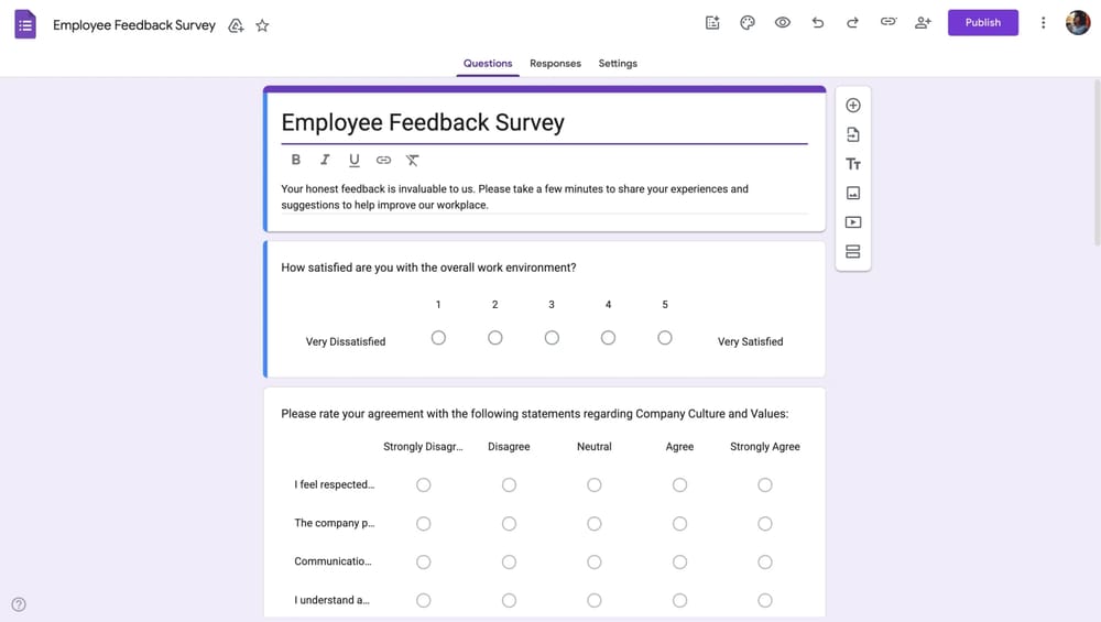 Un ejemplo de formulario de retroalimentación personalizado para empleados en Google Forms