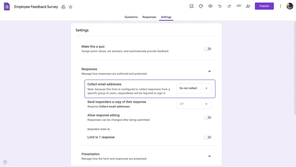 Seleccionando la opción “No recopilar” para la configuración de “Recopilar direcciones de correo electrónico”