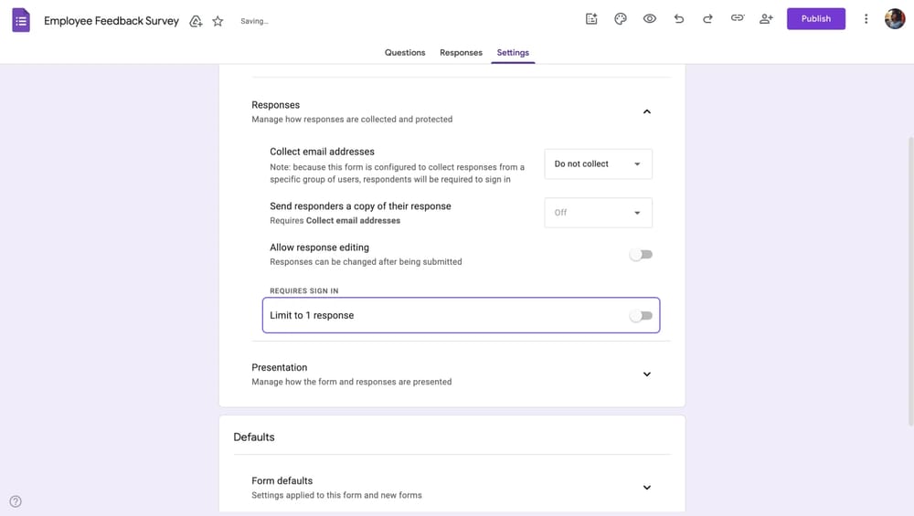 Desactivar la configuración "Limitar a 1 respuesta"