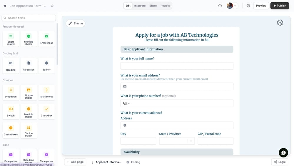 Workspace of Fillout