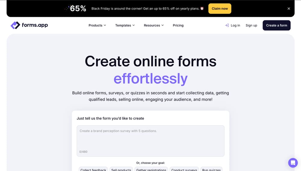 Homepage of forms.app