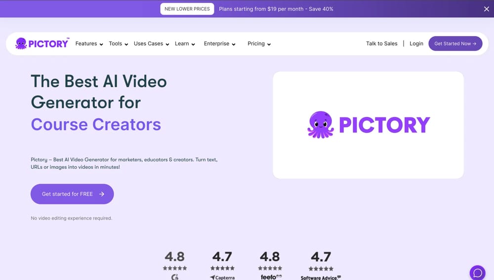 Homepage of Pictory.ai