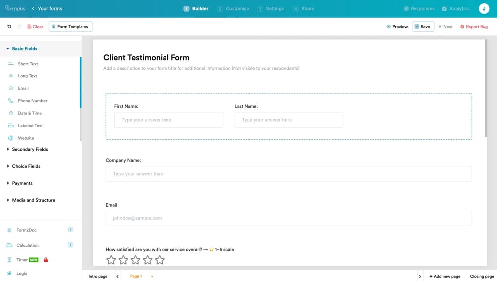 Workspace of Formplus