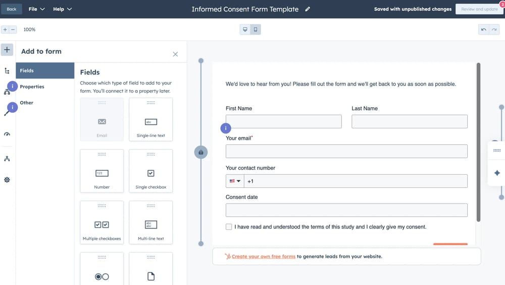 Workspace of HubSpot Form Builder